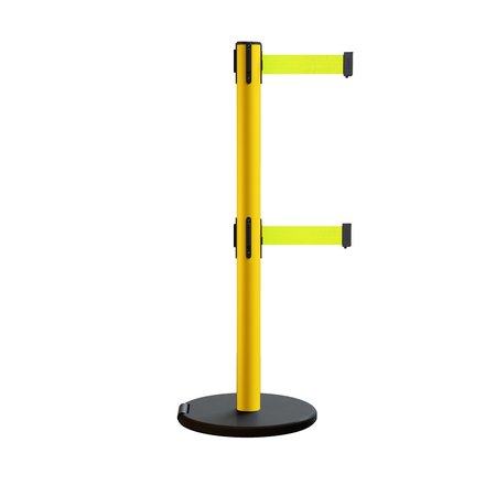 MONTOUR LINE Retractable Belt Dbl Rolling Stanchion 2.5ft Yellow Post  7.5ft Fl.Yel MSE630D-YW-FYW-75